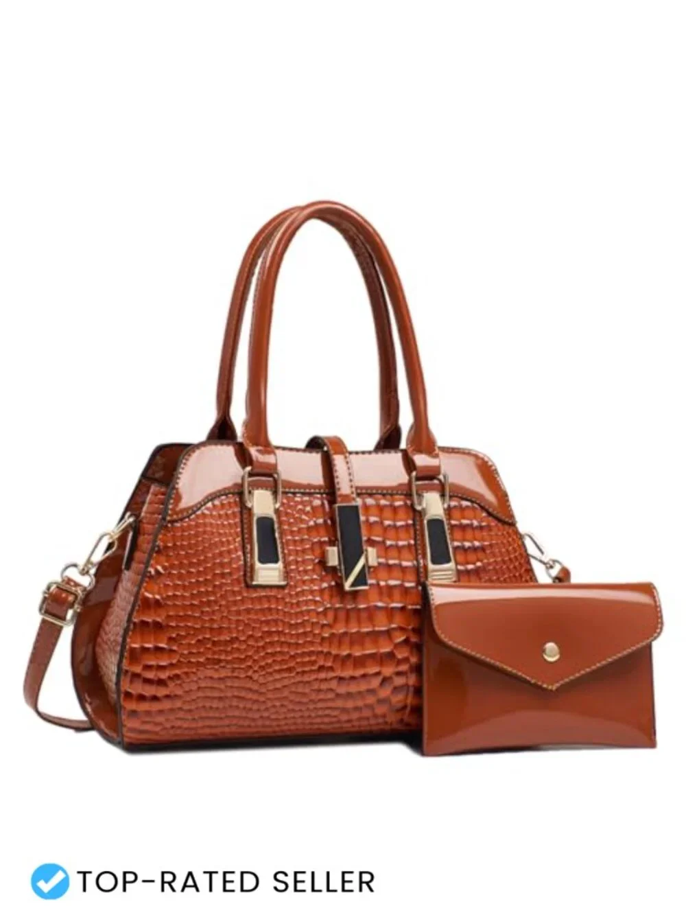 Women's Top-Handle PU Leather Satchel Tote Bag with Zipper, Medium